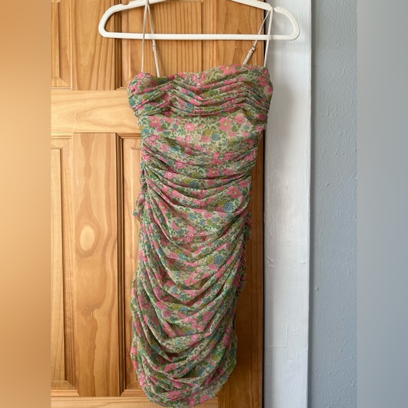 House of CB Dresses & Skirts - House of CB Green Floral Ruched Midi Dress with Pink Accents (Ella dress)